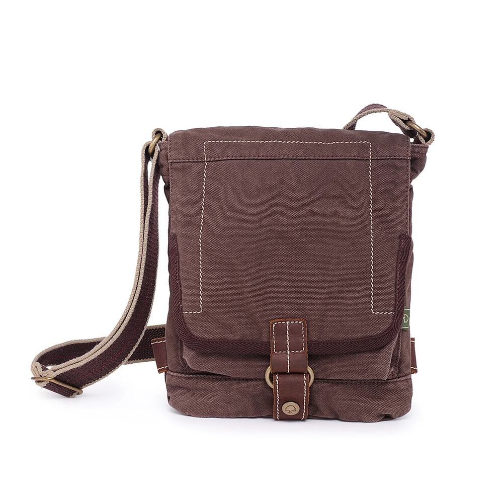 TSD Brand Oak Hill Canvas Flap‎ Crossbody Bag Brown Leather Trim